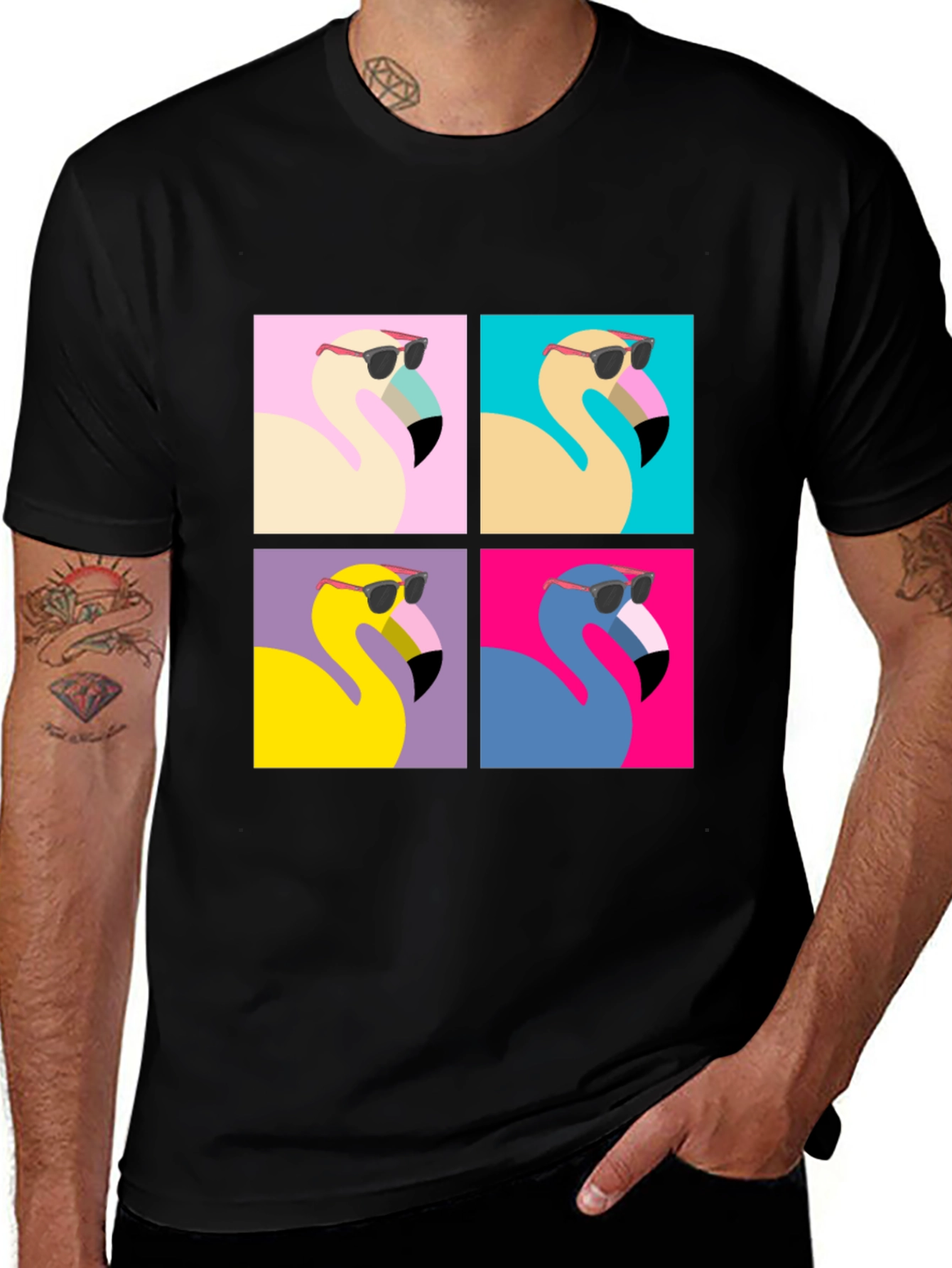 Cool Flamingo Pop Art Black Tee