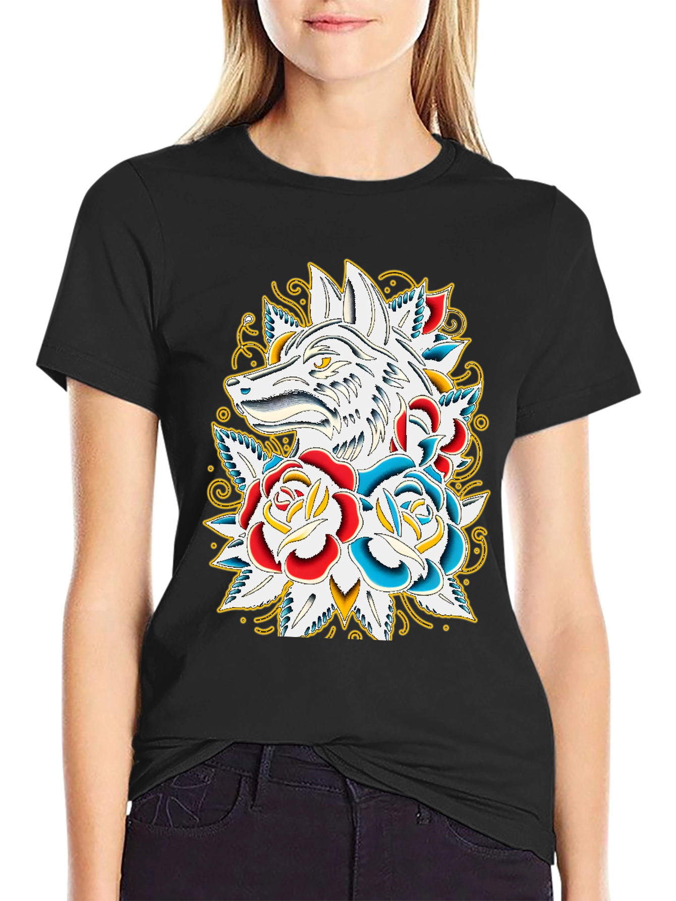 Wolf & Roses Graphic T-Shirt - Black