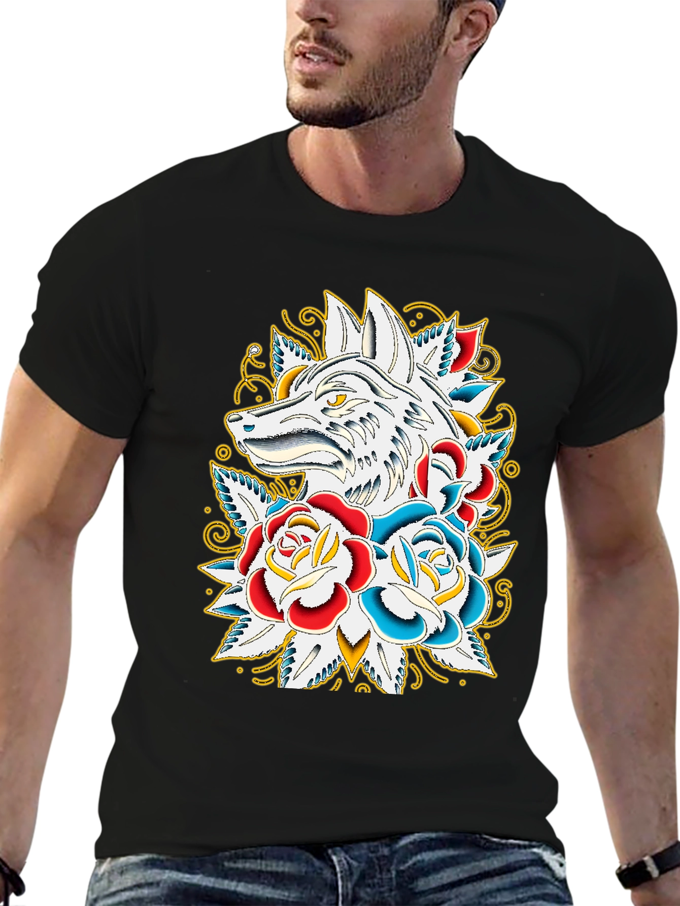 Wolf & Roses Graphic T-Shirt - Black