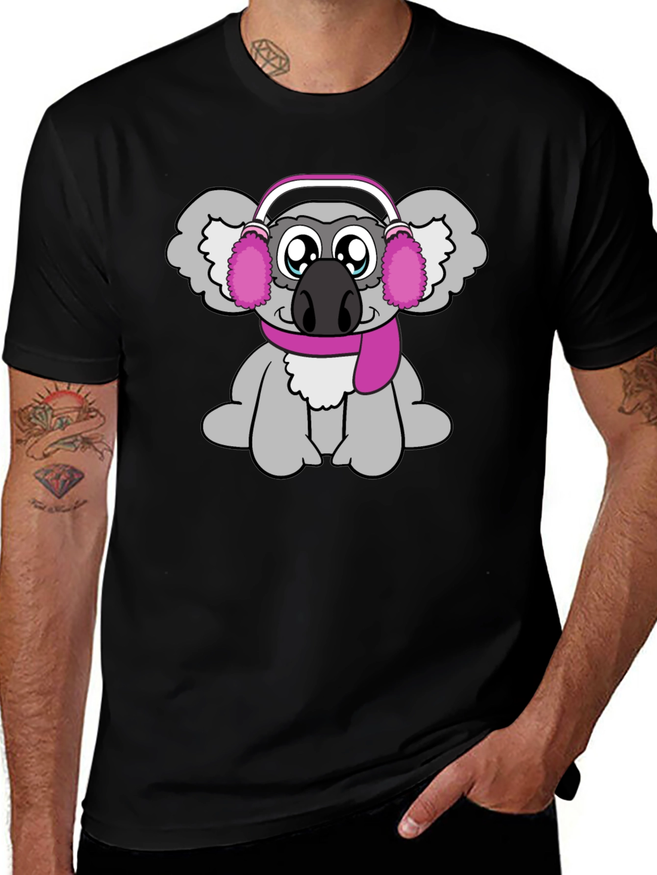Cute Koala with Earmuffs Graphic Tee - Black