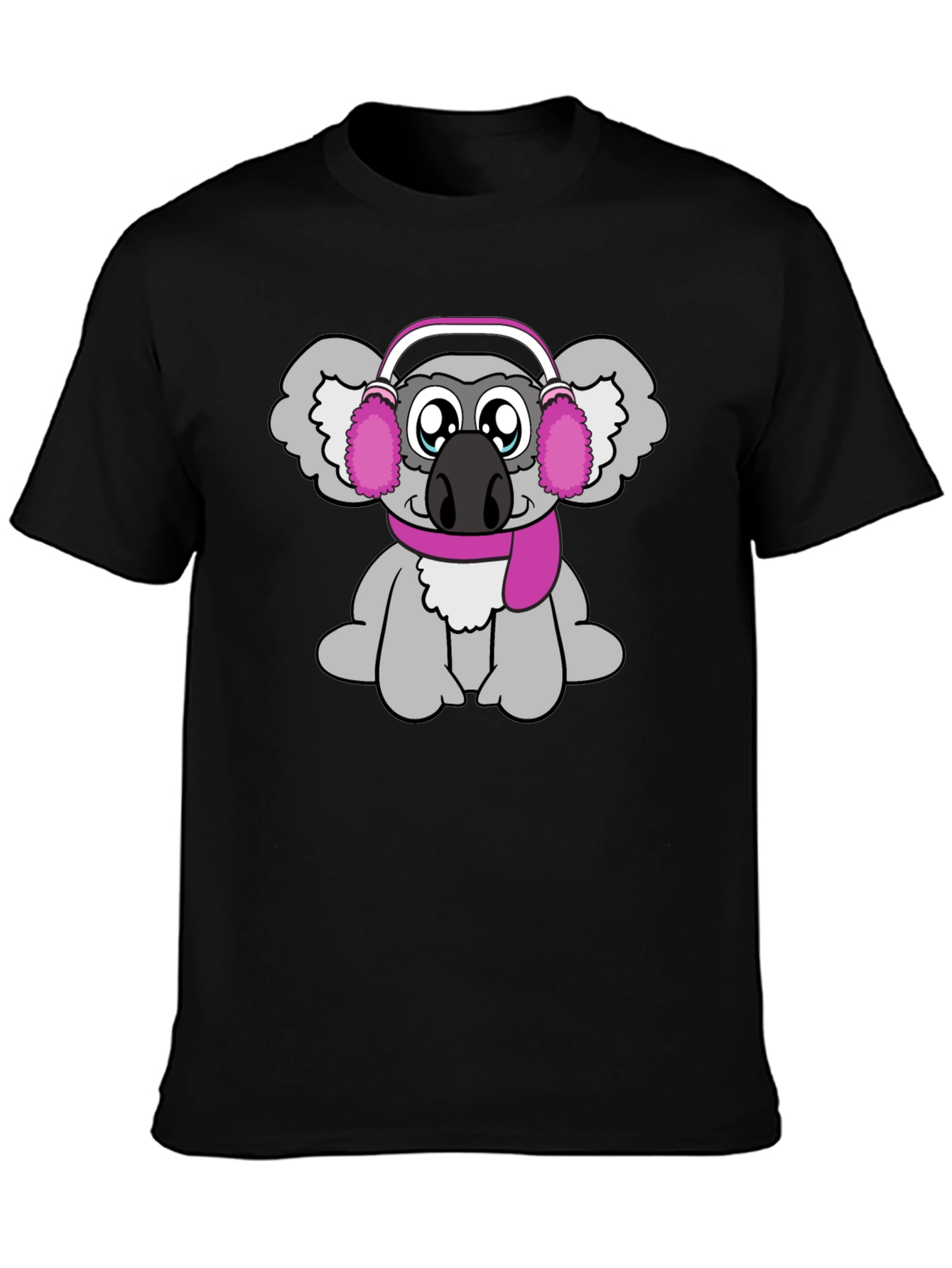 Cute Koala with Earmuffs Graphic Tee - Black