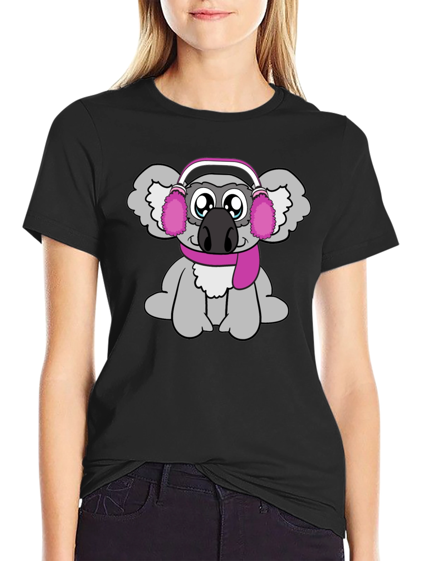 Cute Koala with Earmuffs Graphic Tee - Black
