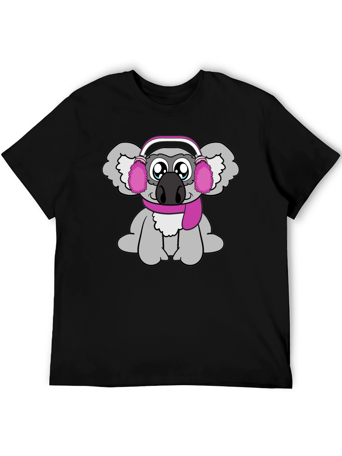 Cute Koala with Earmuffs Graphic Tee - Black