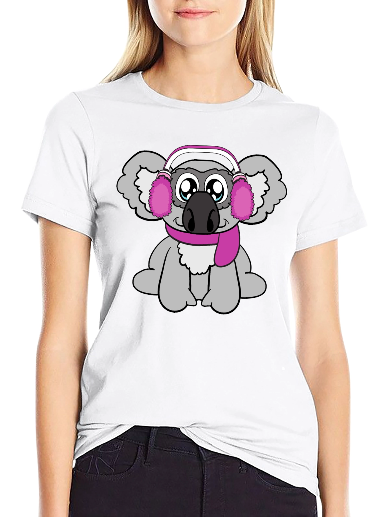 Cute Koala with Earmuffs Graphic Tee - Black