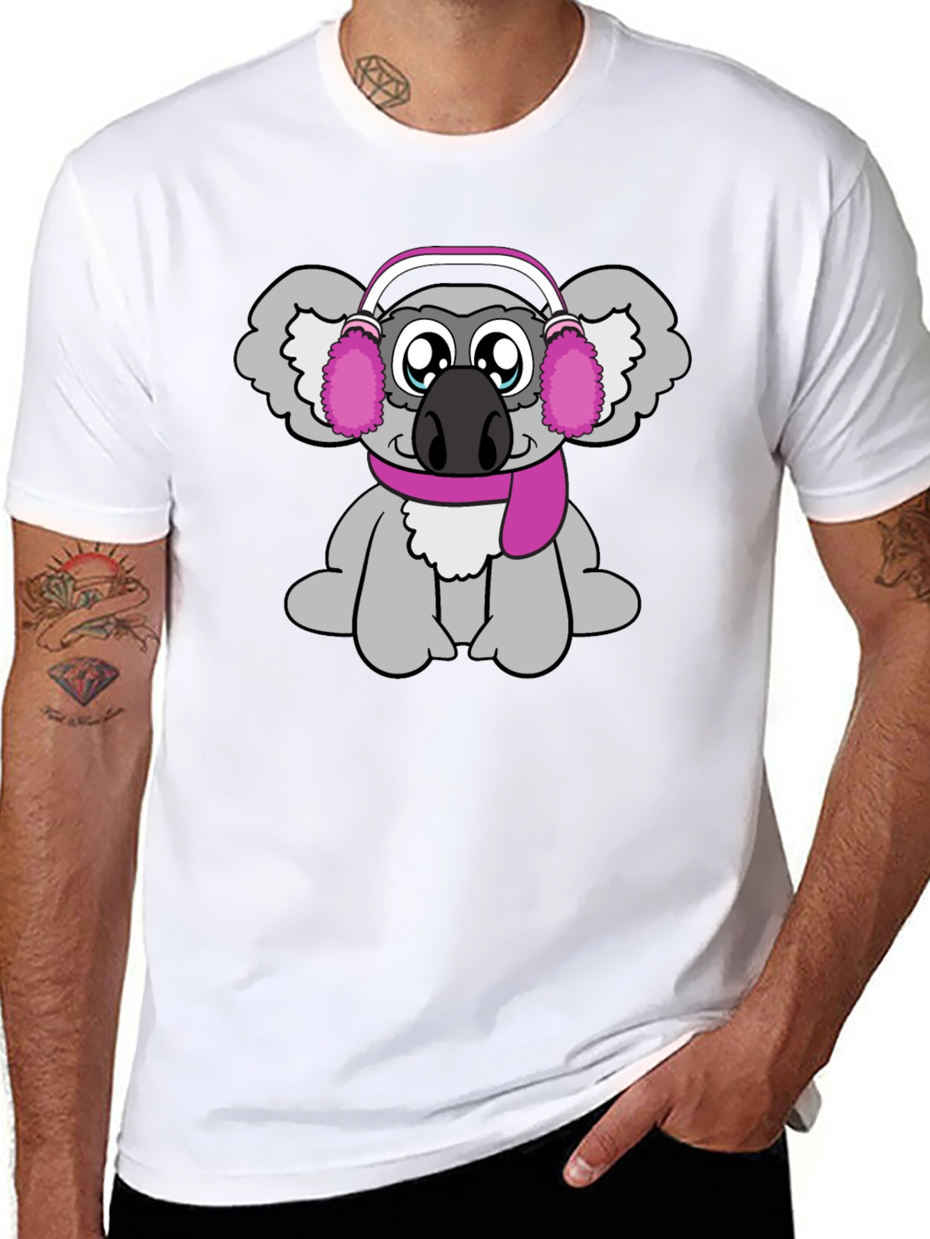 Cute Koala with Earmuffs Graphic Tee - Black