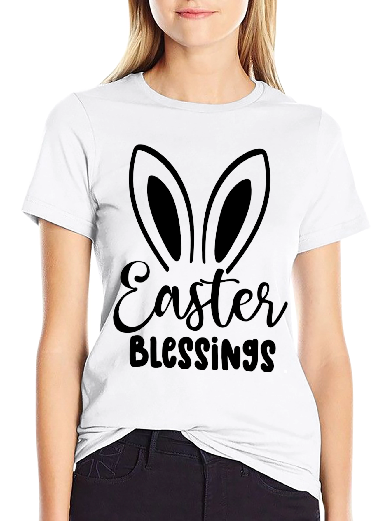 Easter Blessings Bunny Ears Graphic Tee - Black