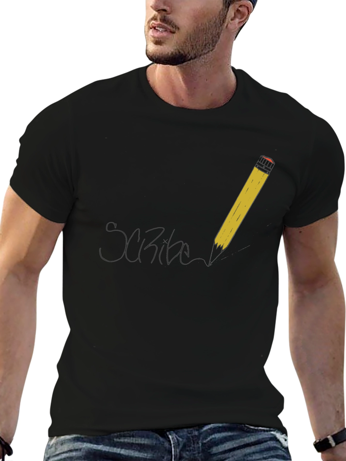 Scribe T-Shirt - Black Cotton Tee with Pencil Design