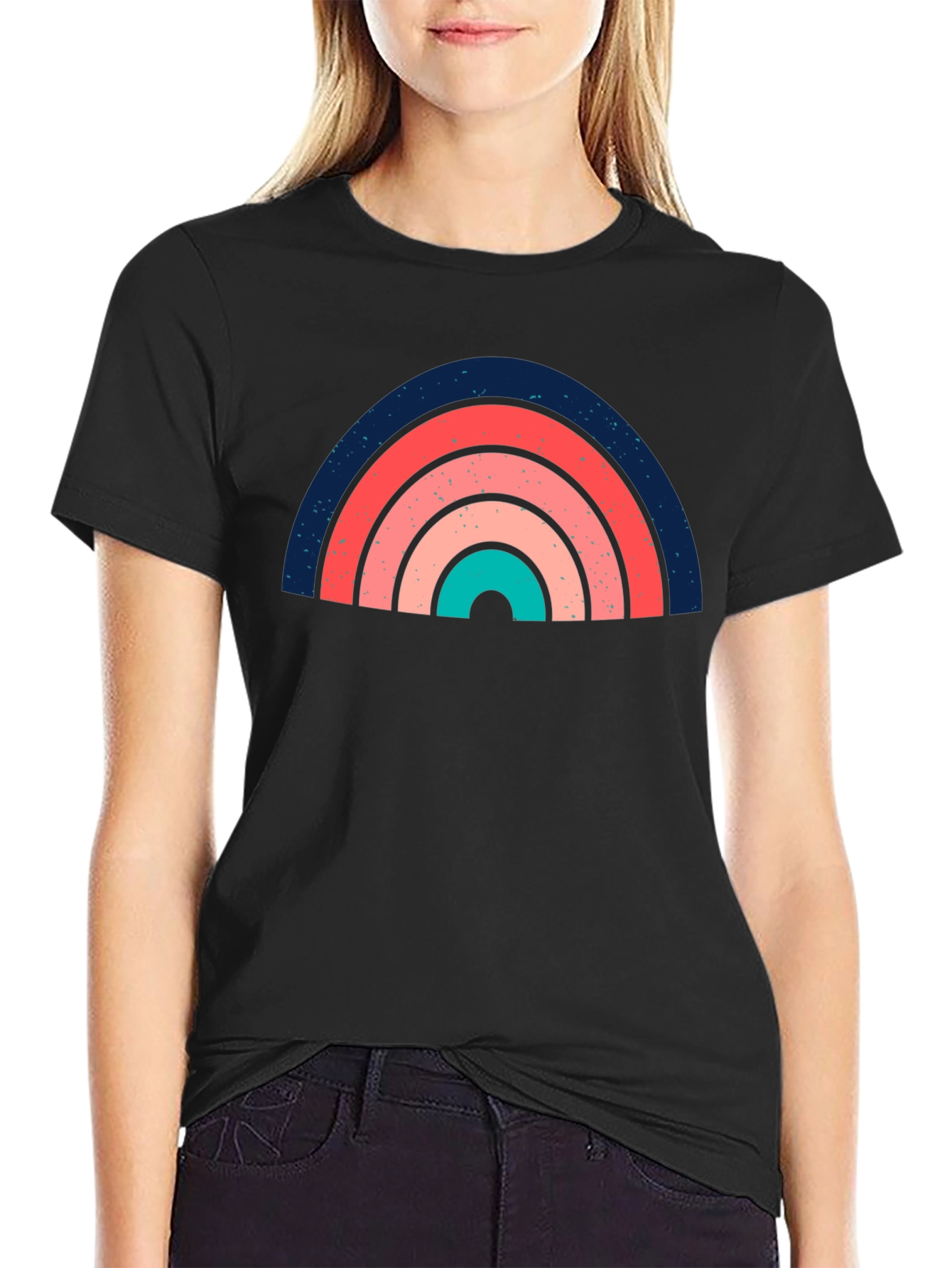 Retro Rainbow Graphic Tee - Soft Black Cotton T-Shirt