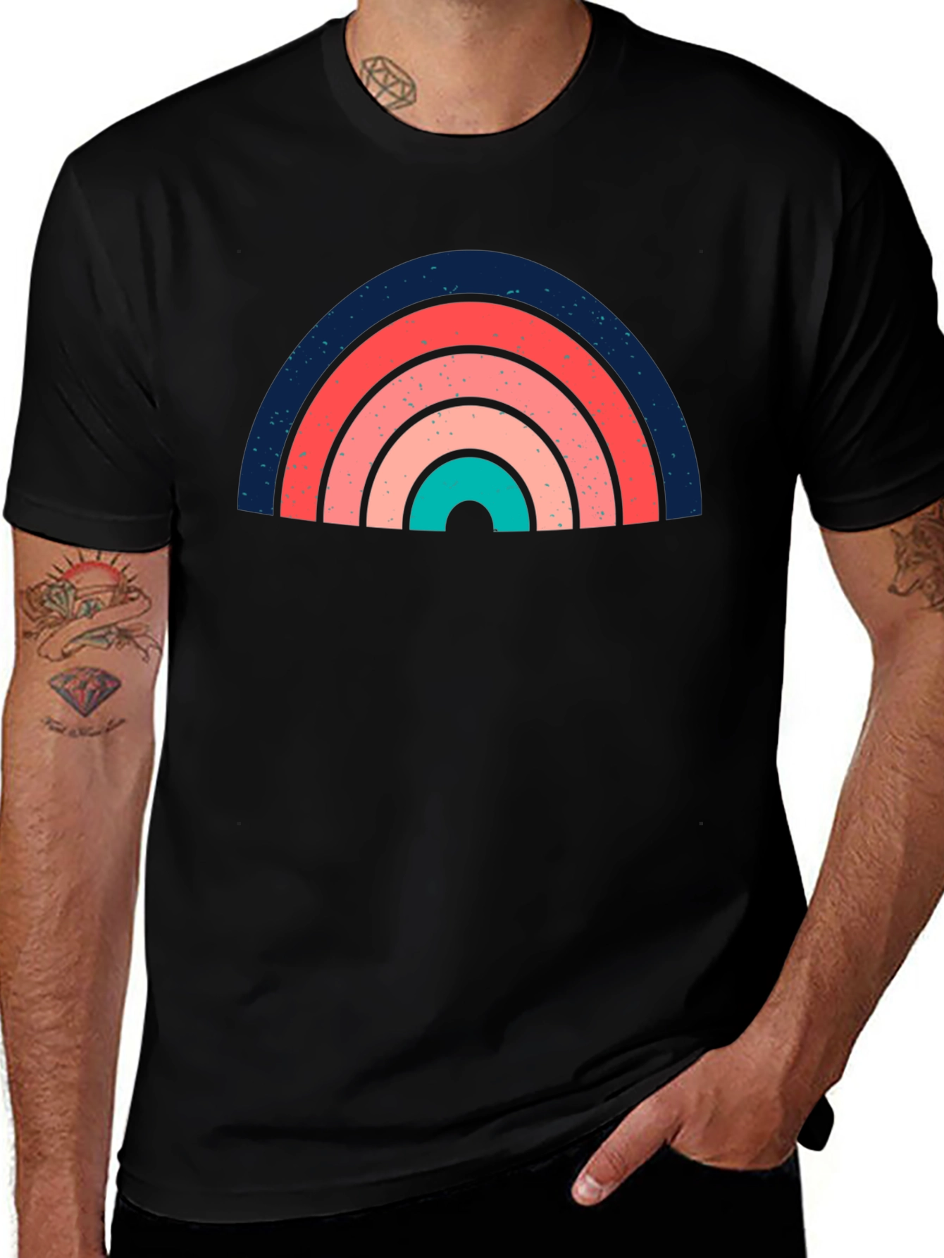 Retro Rainbow Graphic Tee - Soft Black Cotton T-Shirt