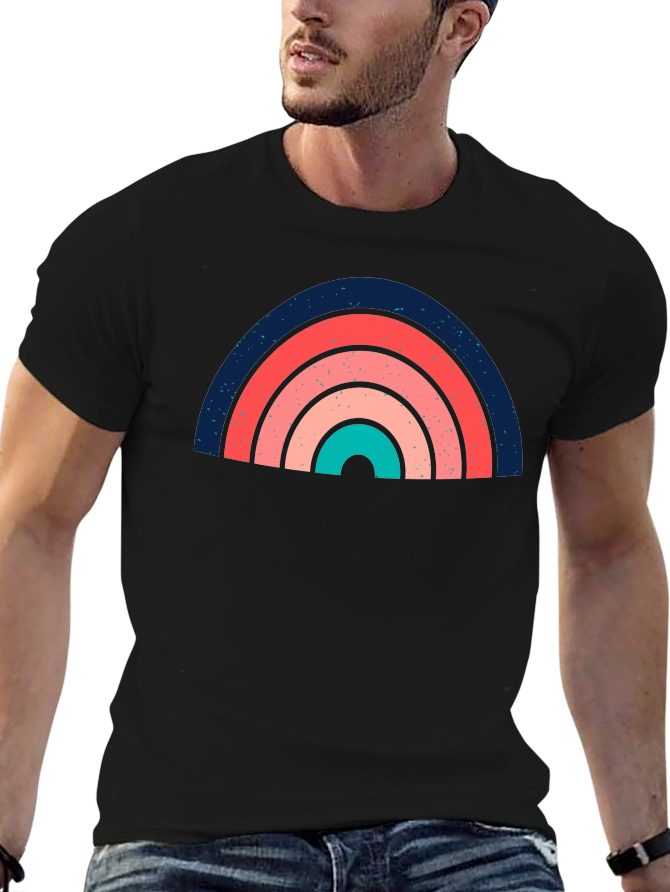 Retro Rainbow Graphic Tee - Soft Black Cotton T-Shirt