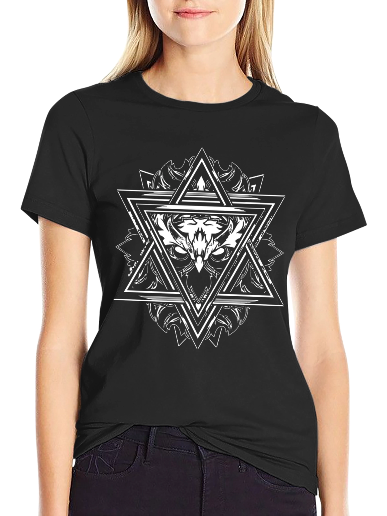 Geometric Owl Graphic Print Black T-Shirt