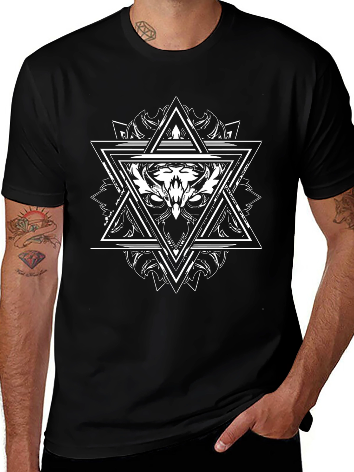 Geometric Owl Graphic Print Black T-Shirt