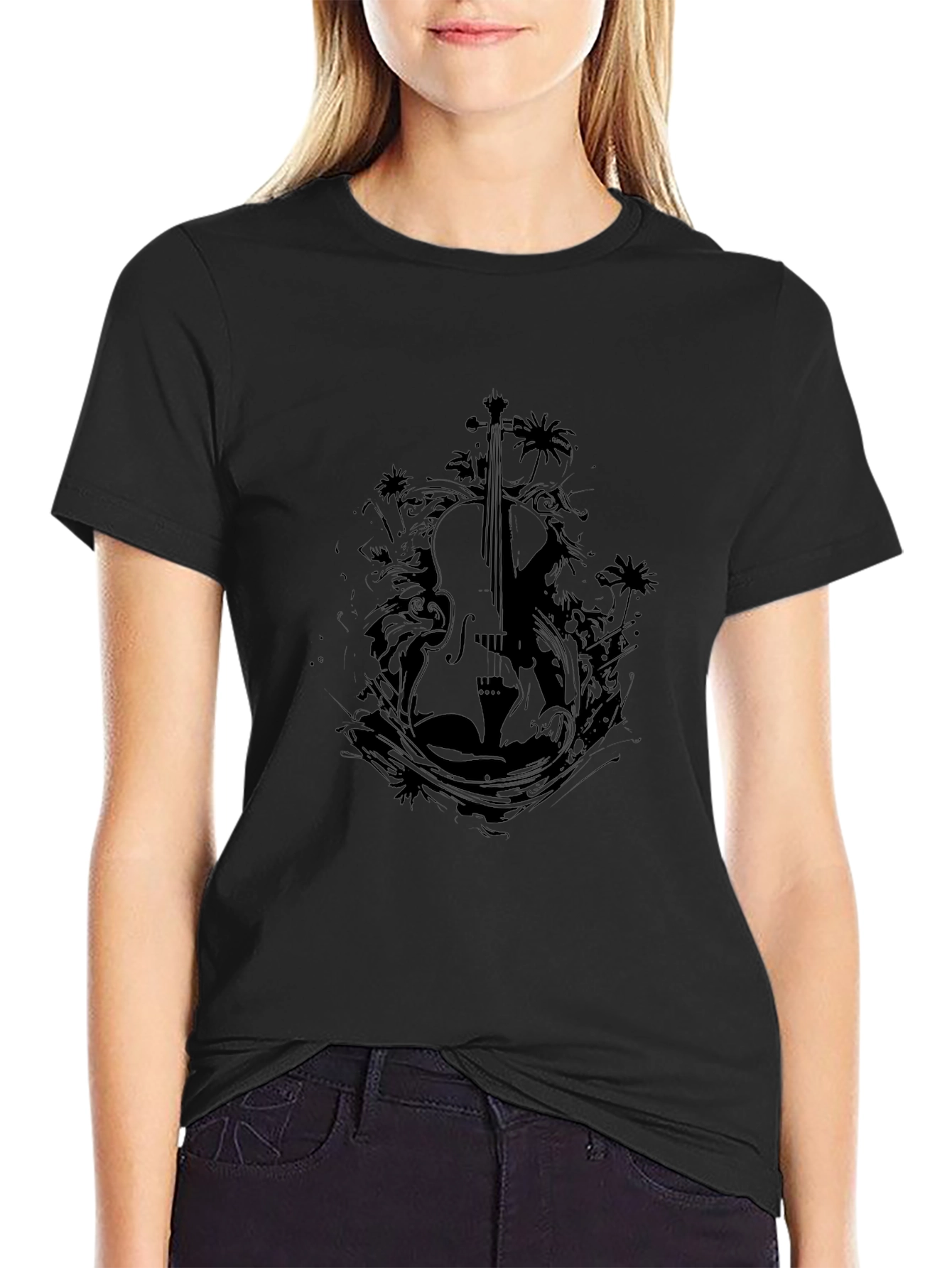 Stylish Black Violin Graphic T-Shirt
