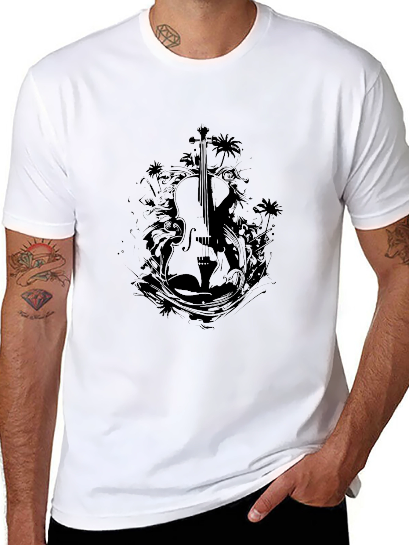 Stylish Black Violin Graphic T-Shirt