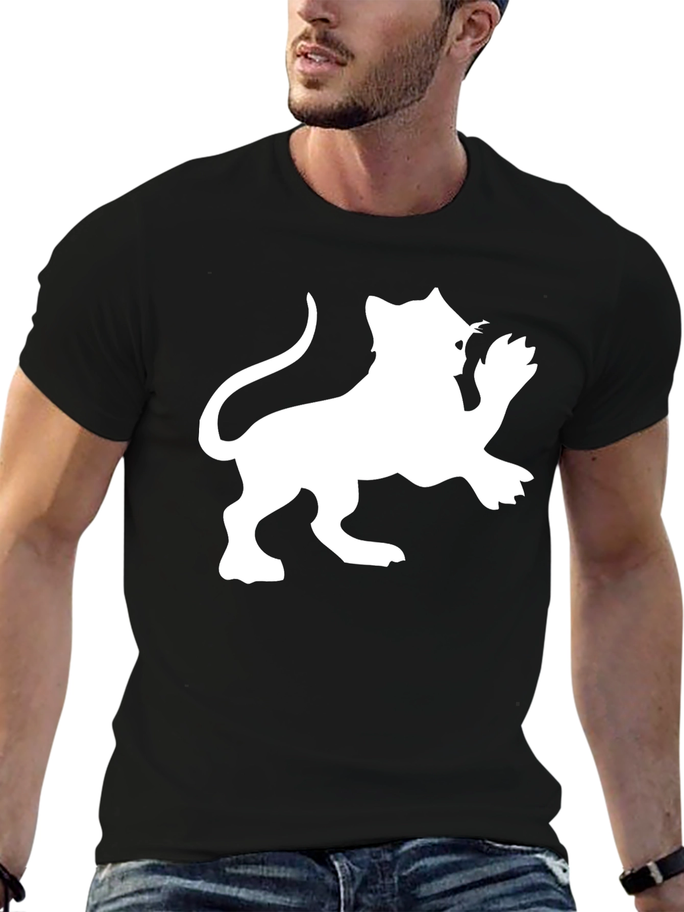 Black Tee with White Lion Graphic Print