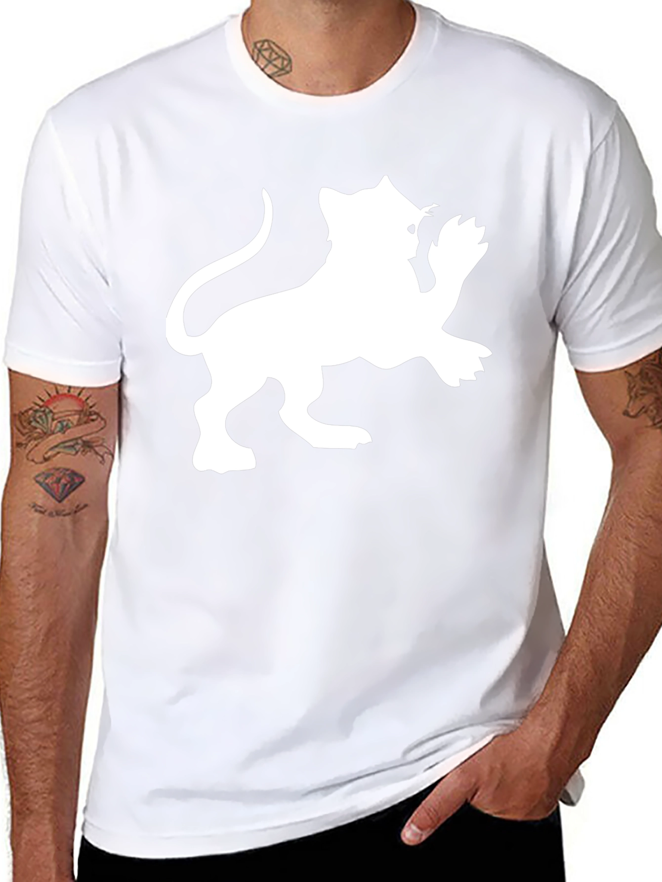 Black Tee with White Lion Graphic Print
