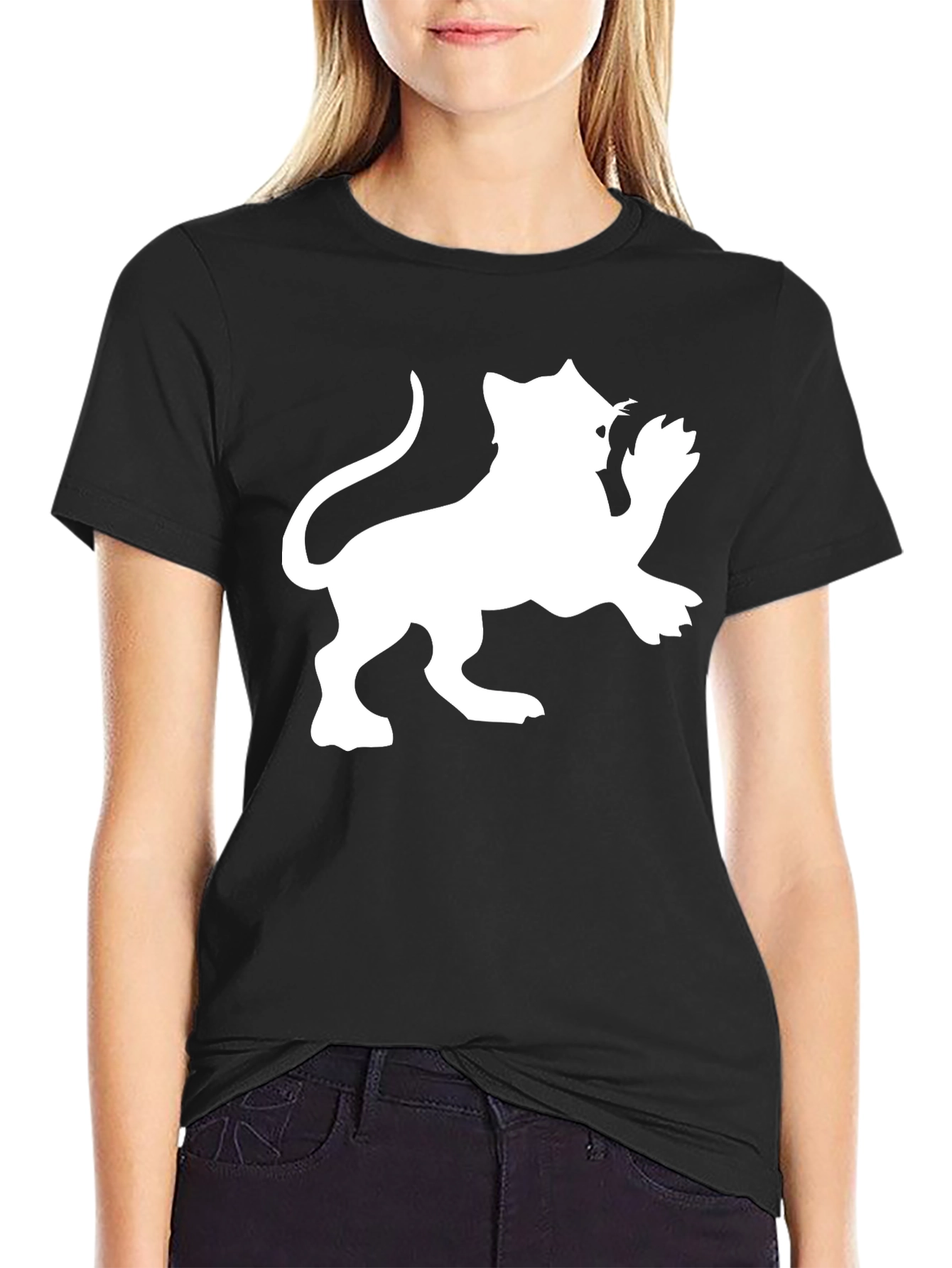 Black Tee with White Lion Graphic Print