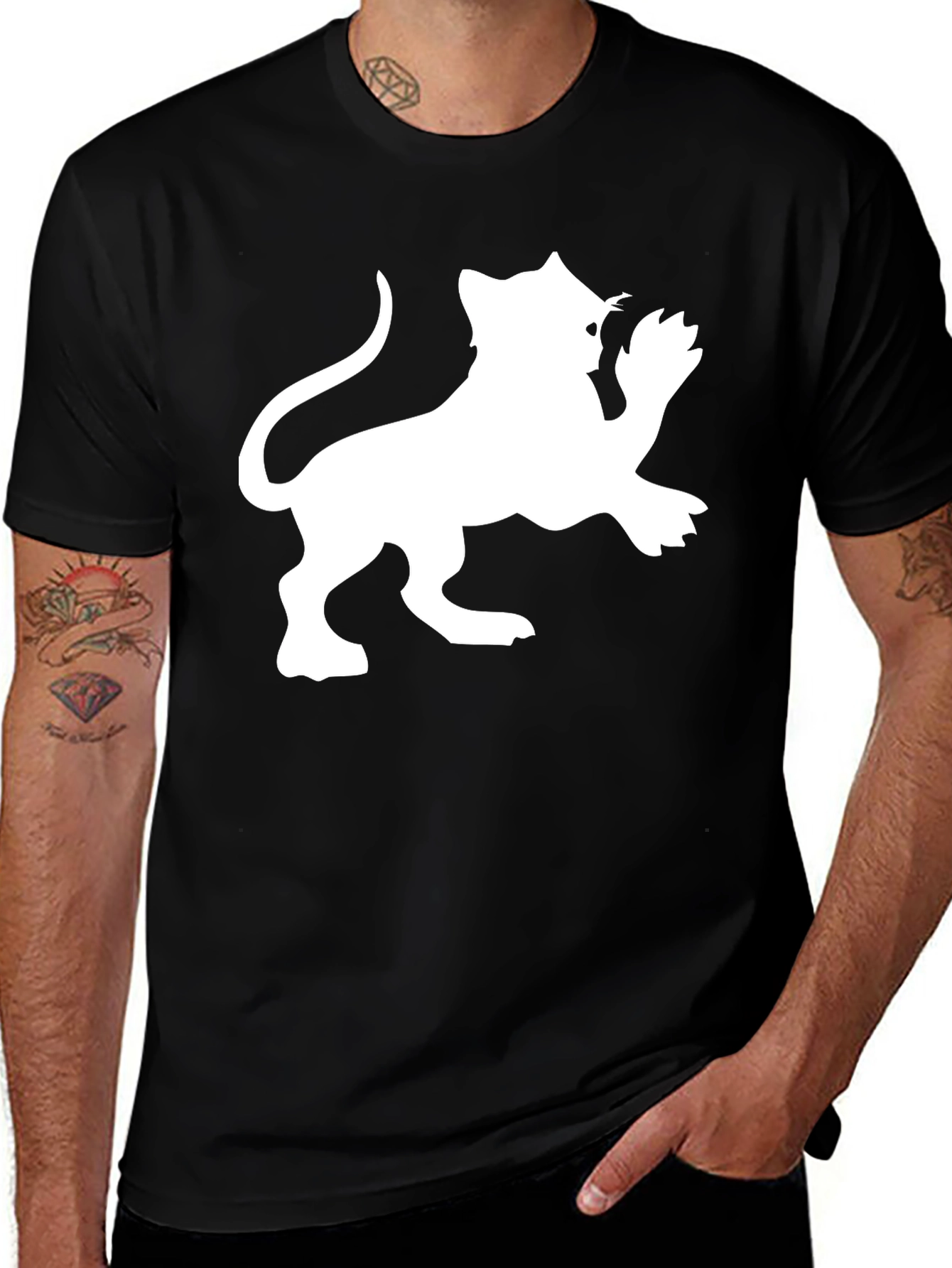 Black Tee with White Lion Graphic Print