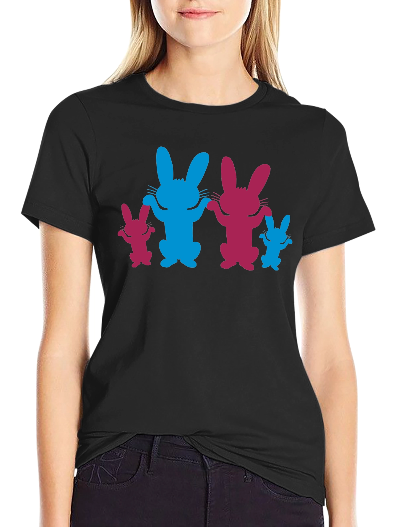 Bunny Family Graphic Tee - Black Cotton Blend