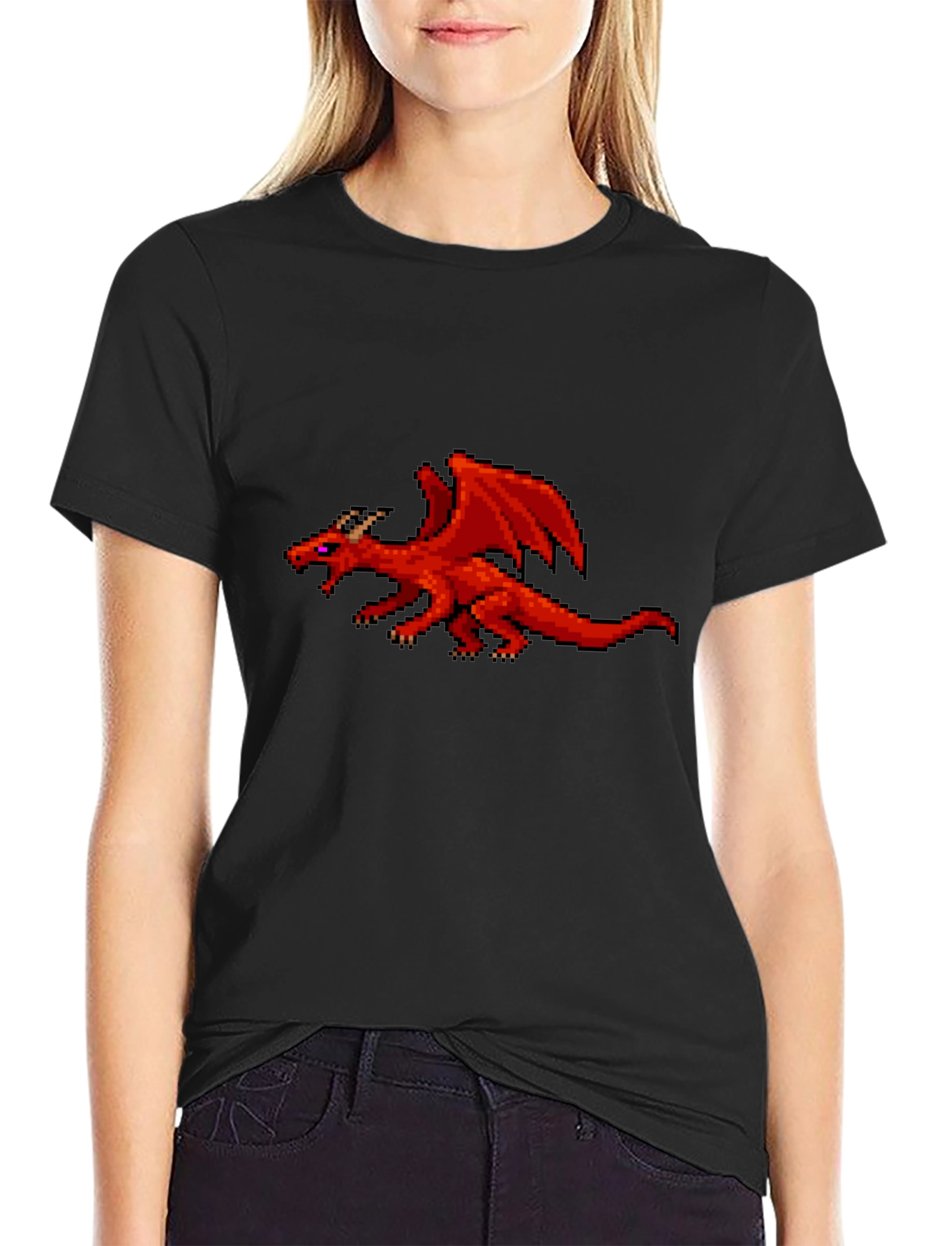 Pixel Red Dragon Graphic Black T-Shirt