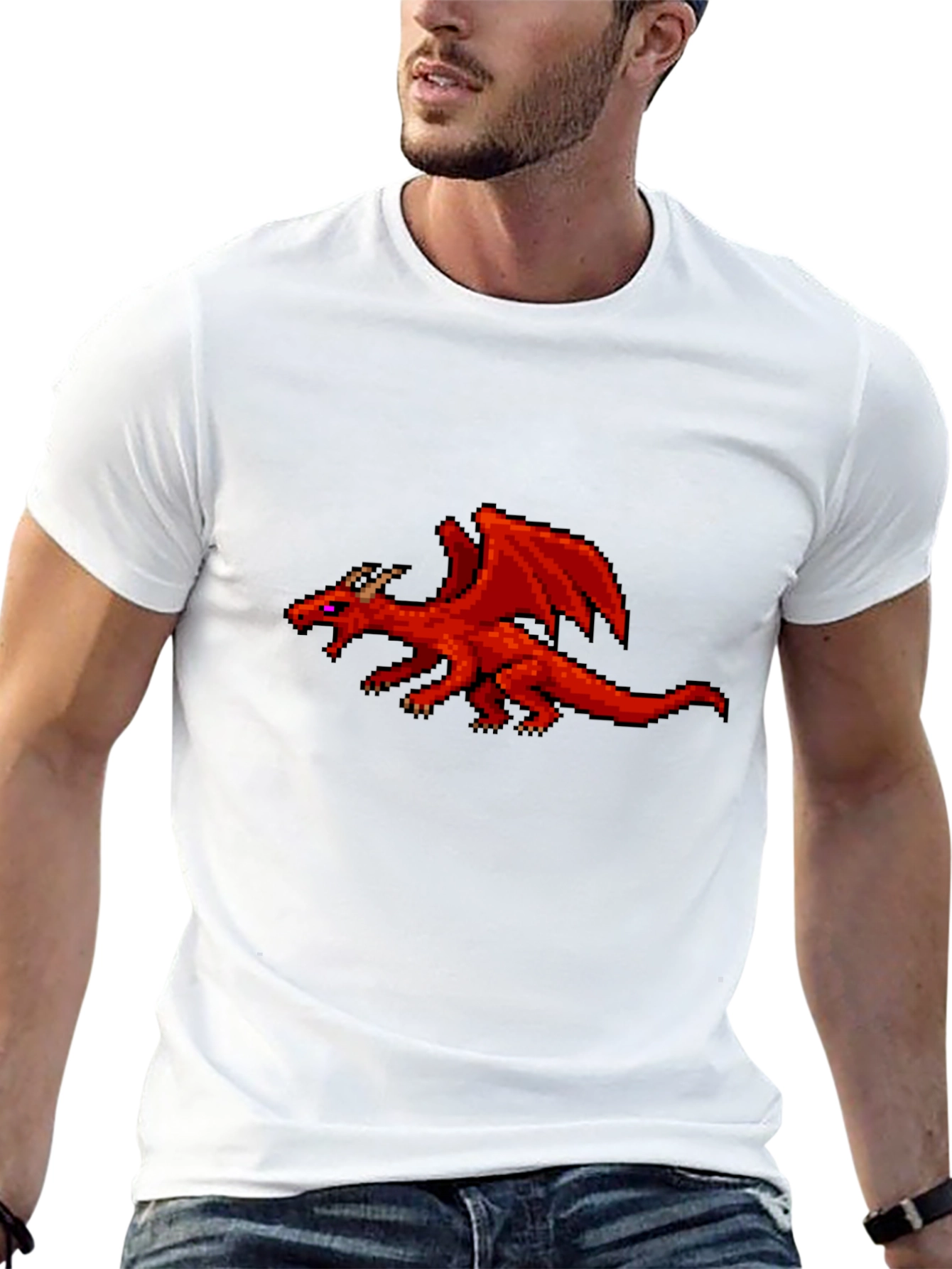 Pixel Red Dragon Graphic Black T-Shirt