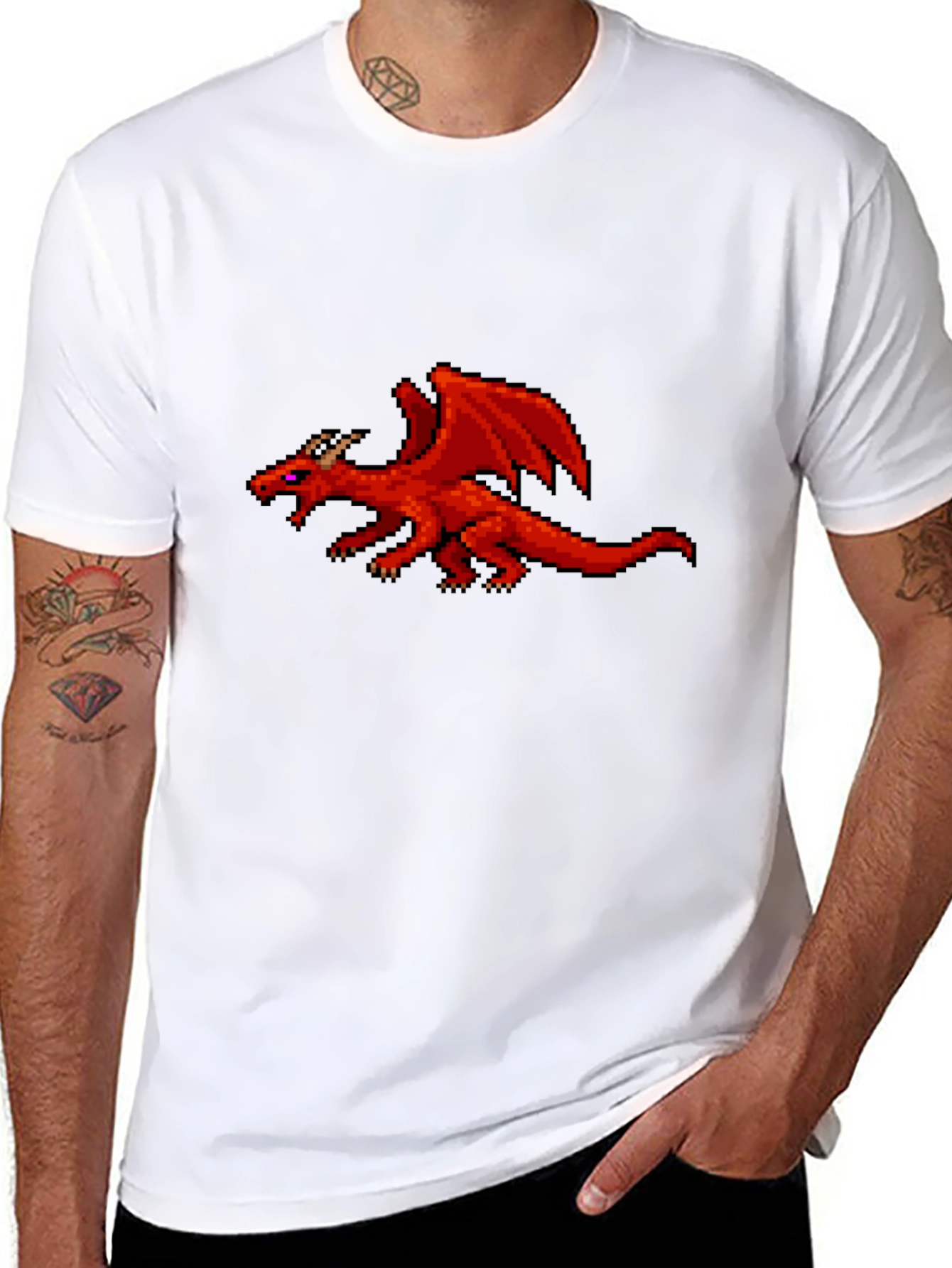 Pixel Red Dragon Graphic Black T-Shirt