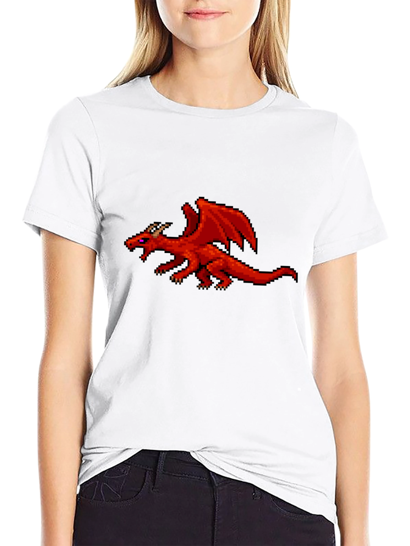 Pixel Red Dragon Graphic Black T-Shirt