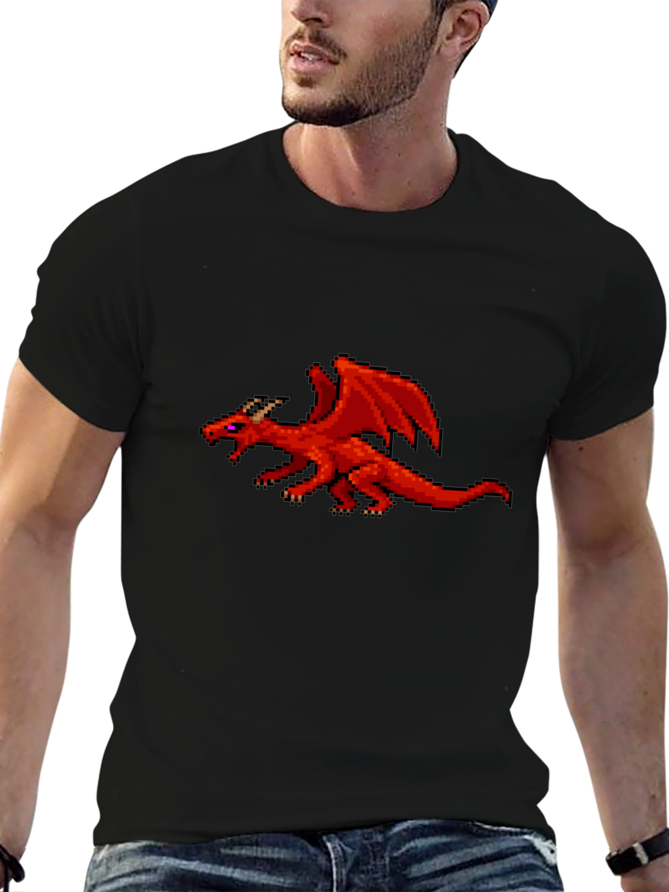 Pixel Red Dragon Graphic Black T-Shirt