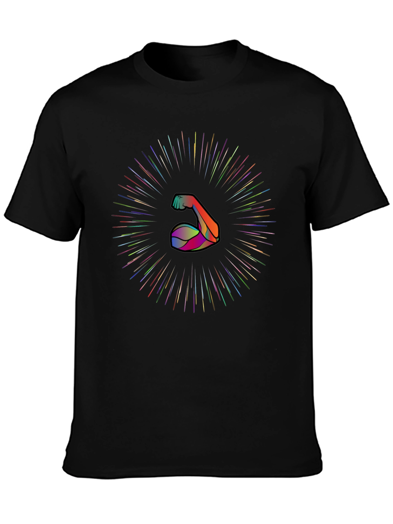 Muscle Power Tee: Rainbow Burst Arm Graphic Black T-Shirt