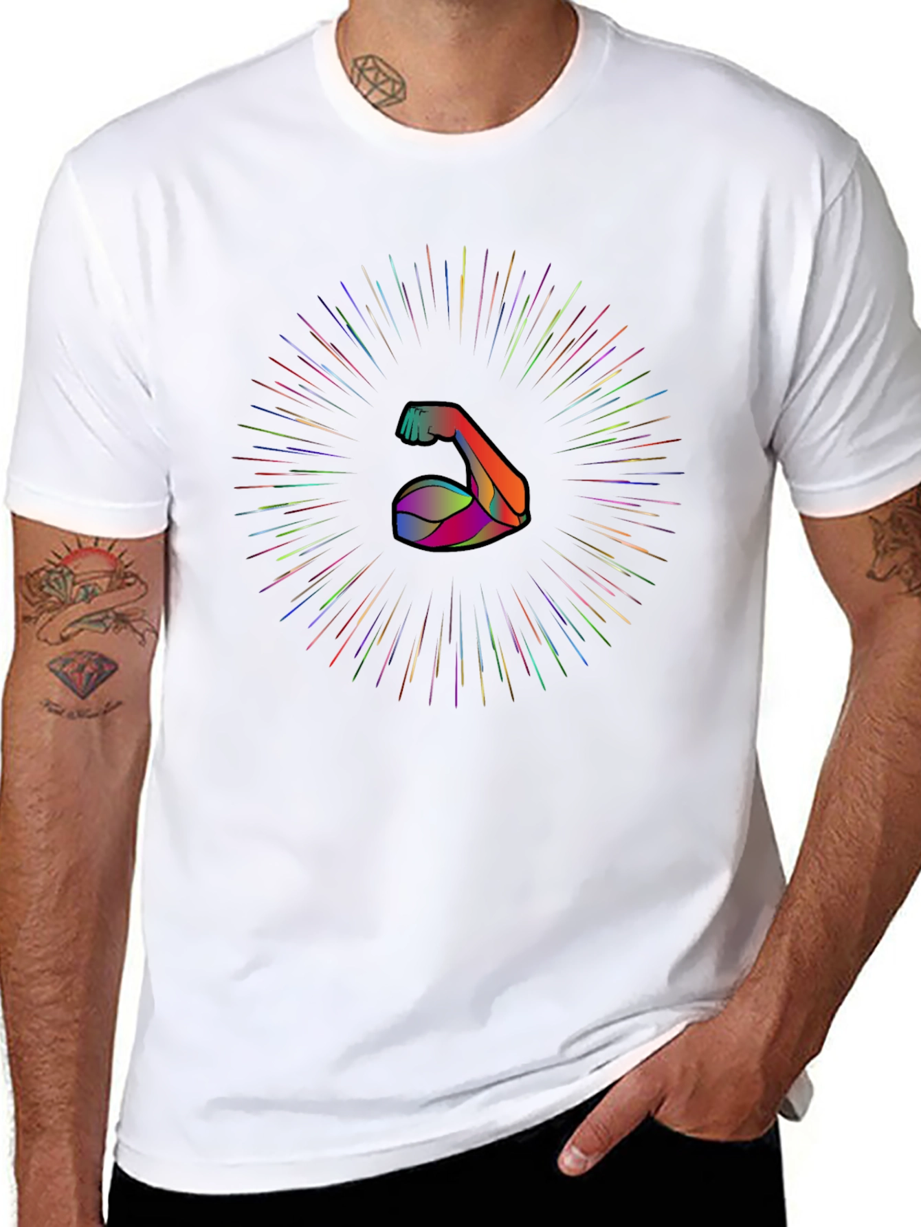 Muscle Power Tee: Rainbow Burst Arm Graphic Black T-Shirt