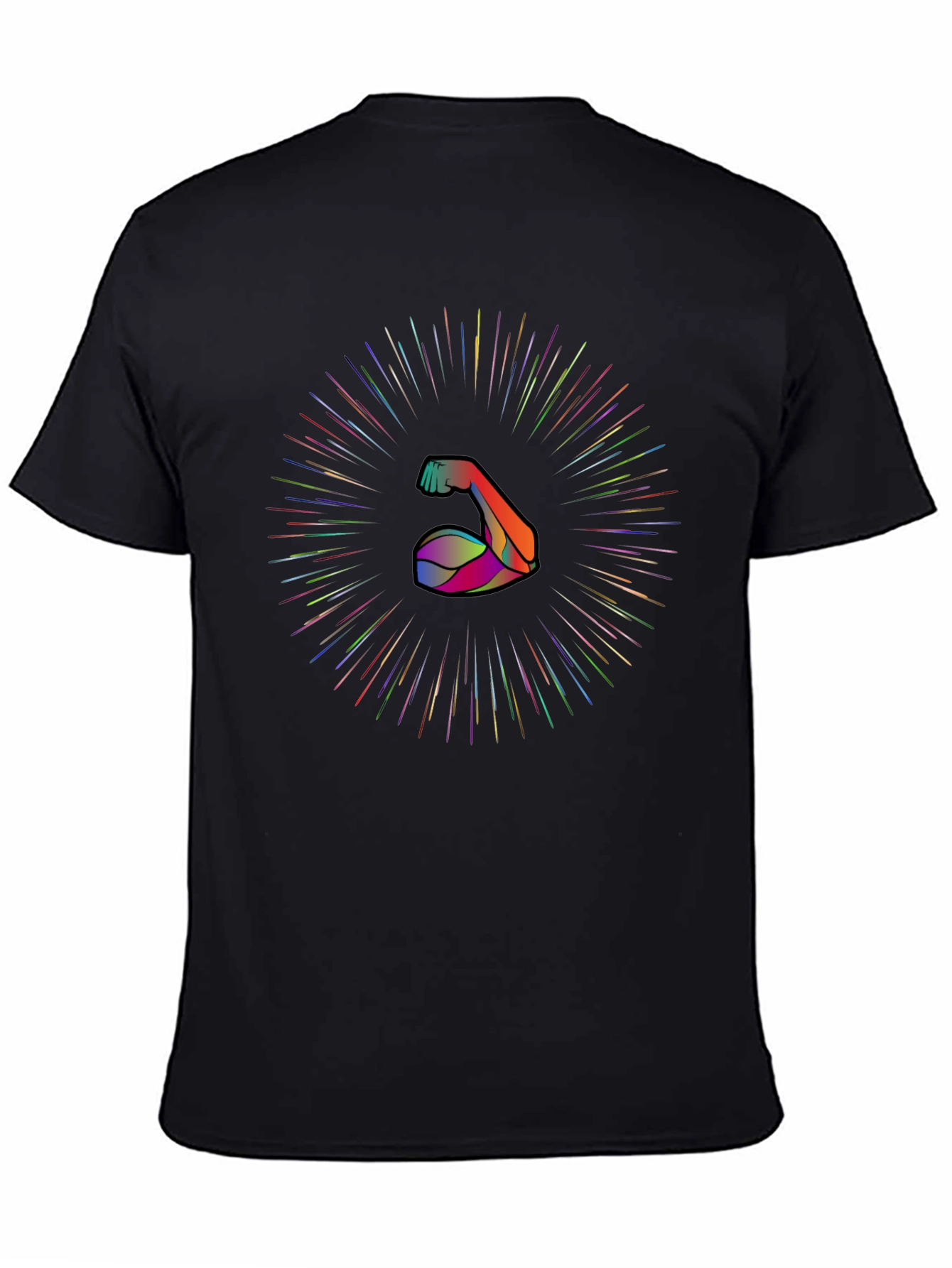 Muscle Power Tee: Rainbow Burst Arm Graphic Black T-Shirt