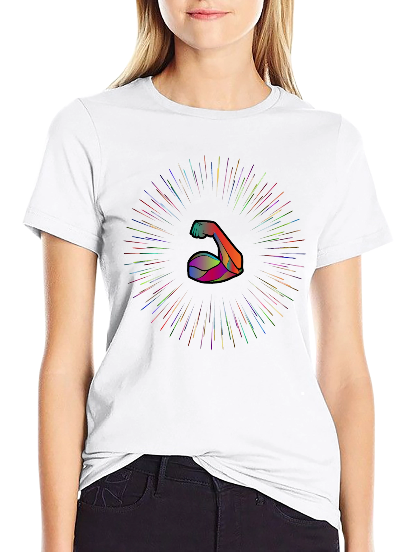 Muscle Power Tee: Rainbow Burst Arm Graphic Black T-Shirt