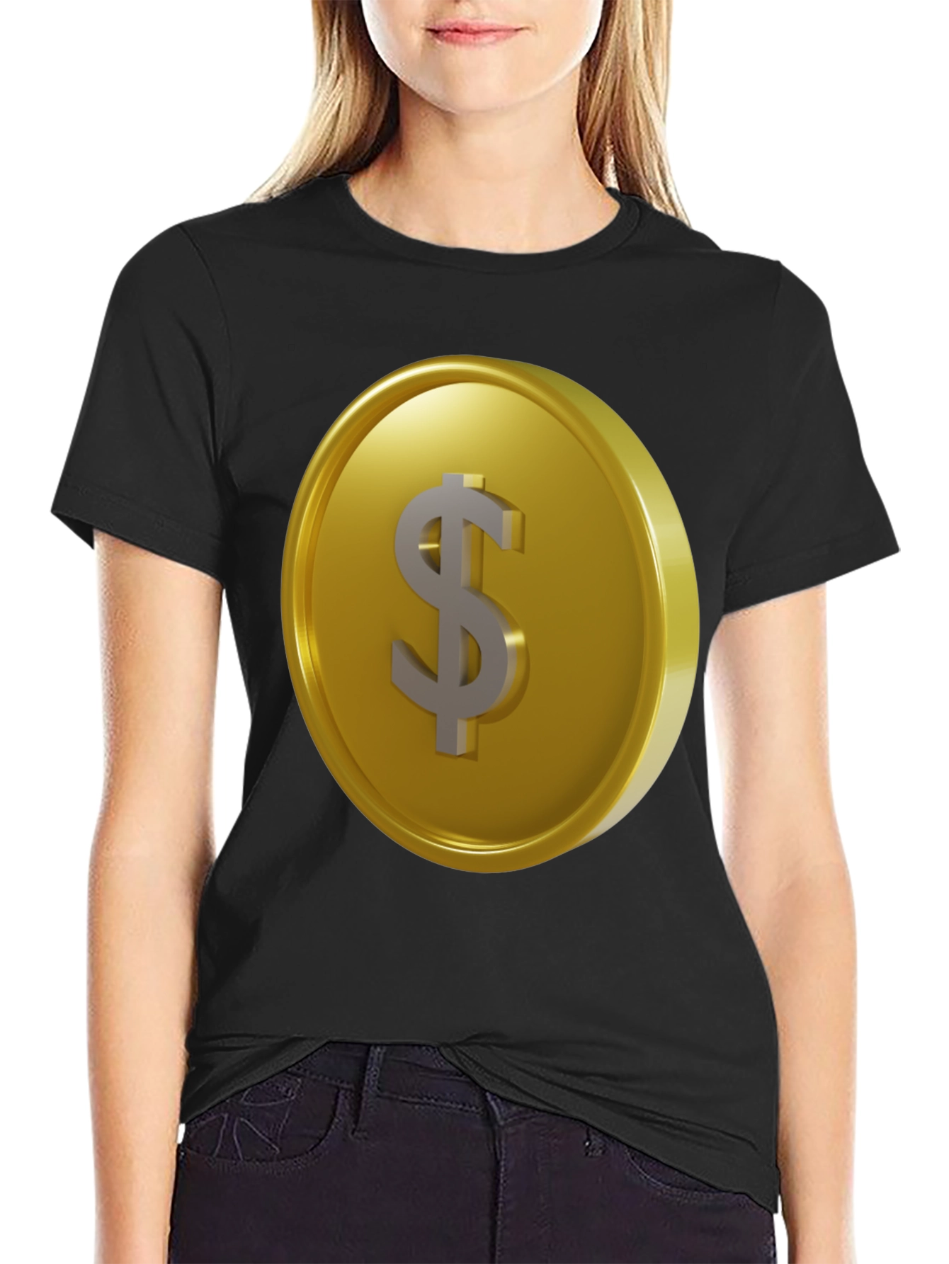 Gold Coin Dollar Sign Black T-Shirt