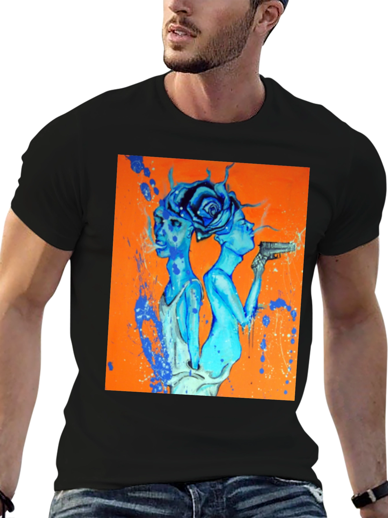 Edgy Blue Art Print Black T-Shirt
