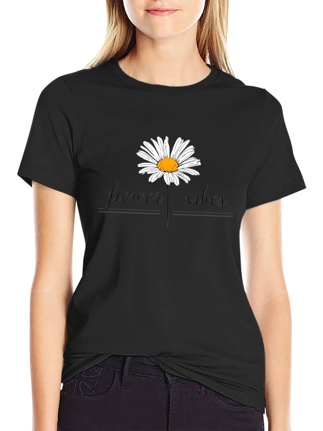 Flower Vibes Graphic Tee - Black Cotton Blend Shirt