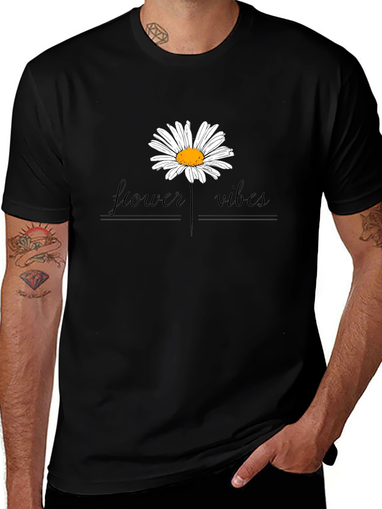 Flower Vibes Graphic Tee - Black Cotton Blend Shirt