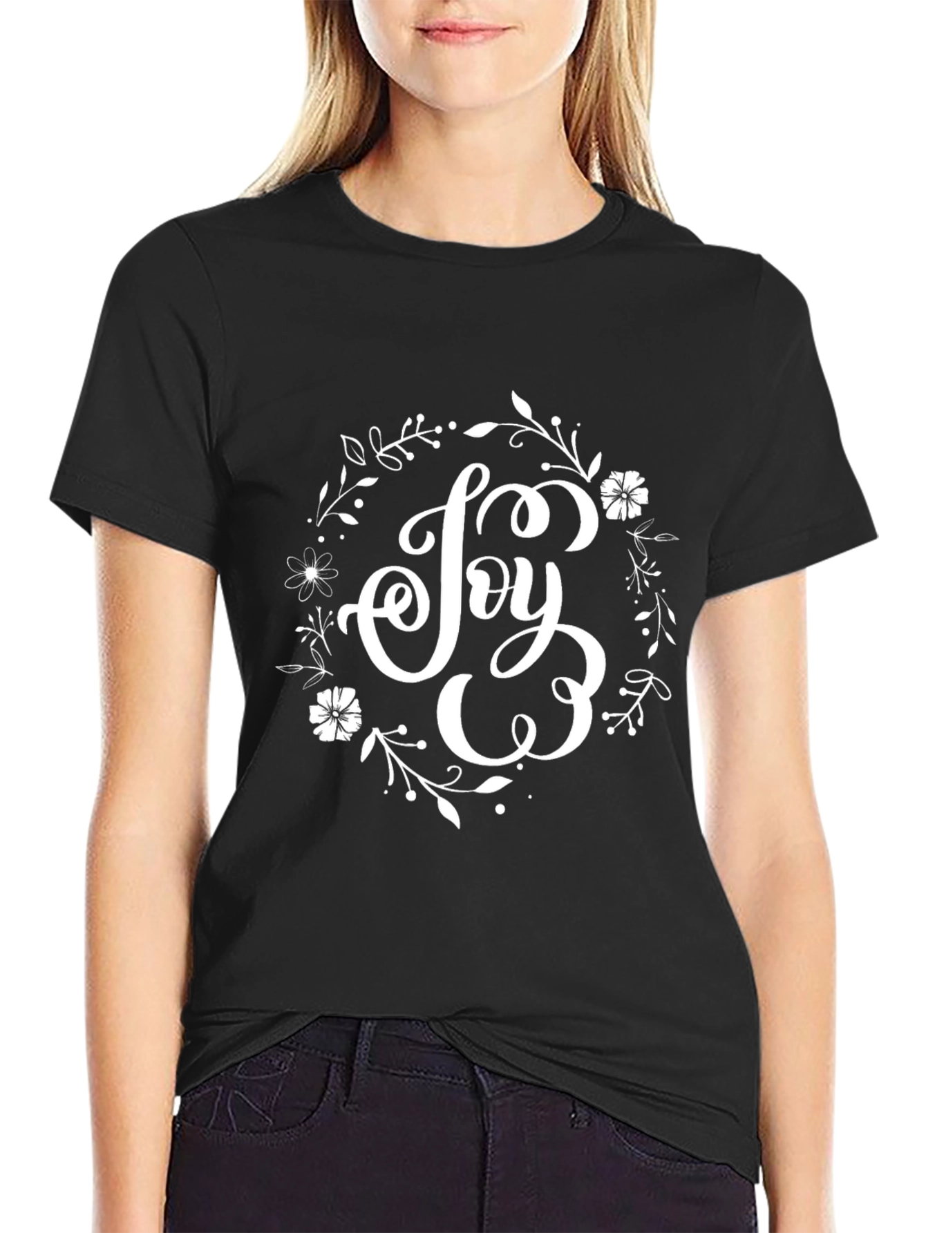 Joy Floral Wreath Black T-Shirt