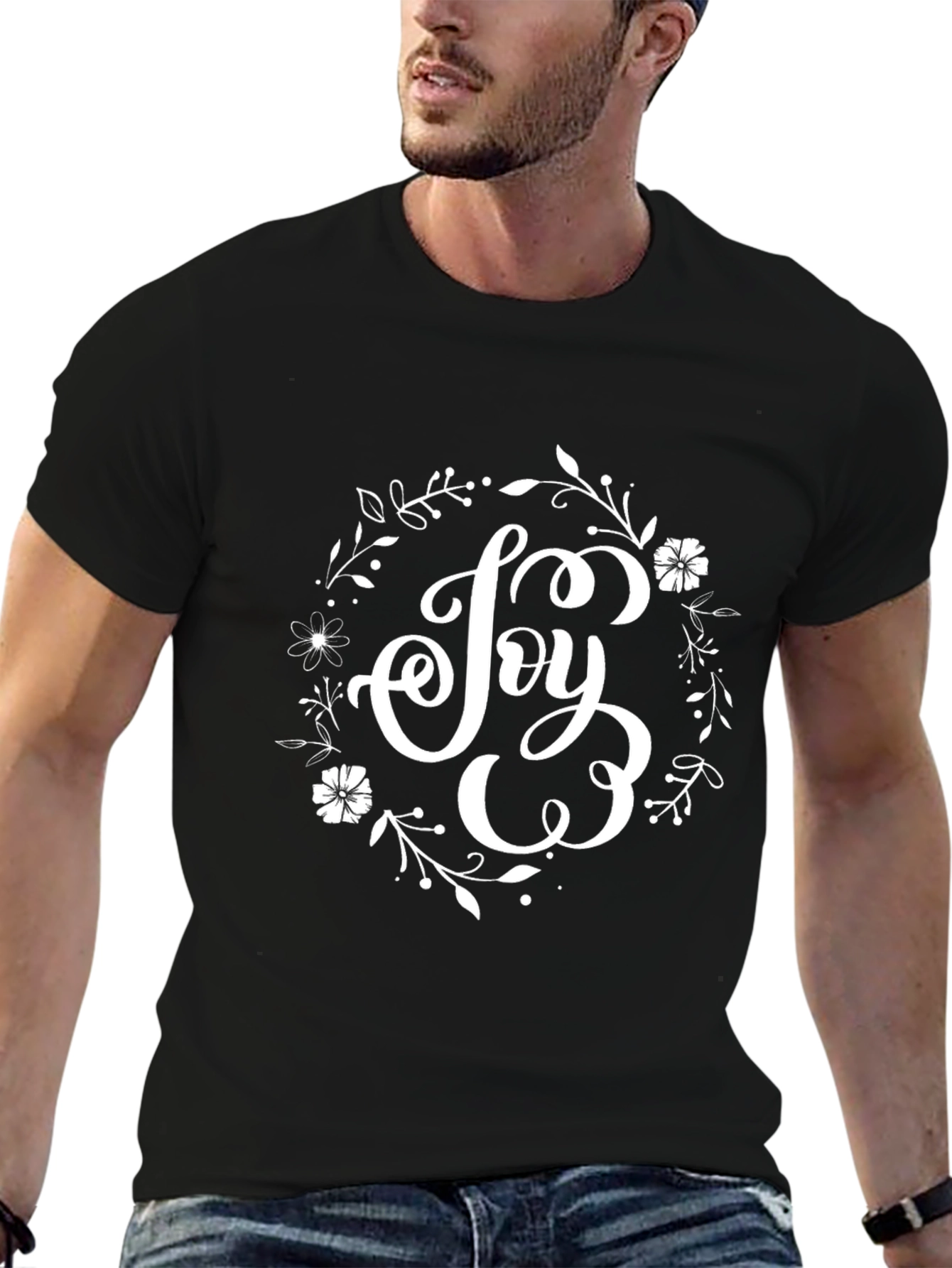 Joy Floral Wreath Black T-Shirt