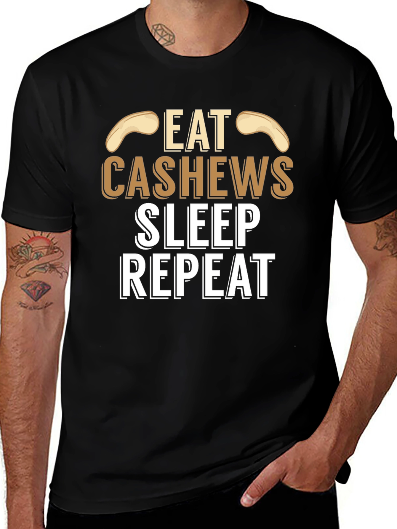 Eat Cashews Sleep Repeat Black Graphic T-Shirt