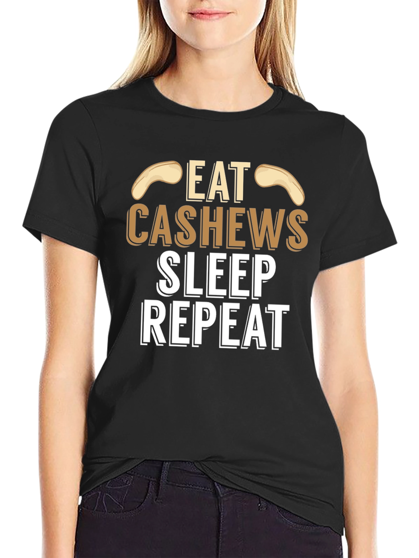 Eat Cashews Sleep Repeat Black Graphic T-Shirt