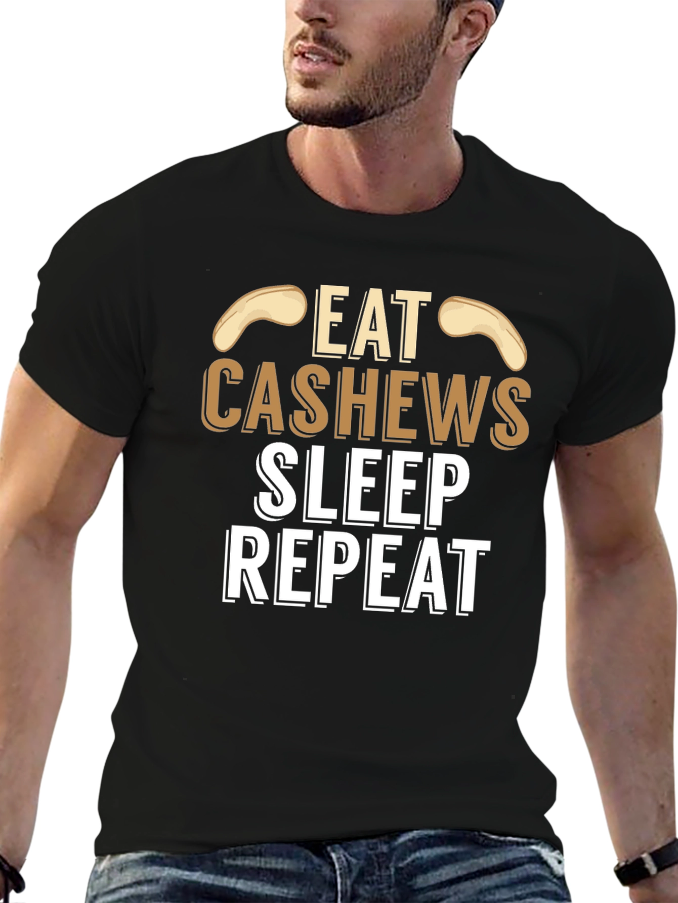 Eat Cashews Sleep Repeat Black Graphic T-Shirt