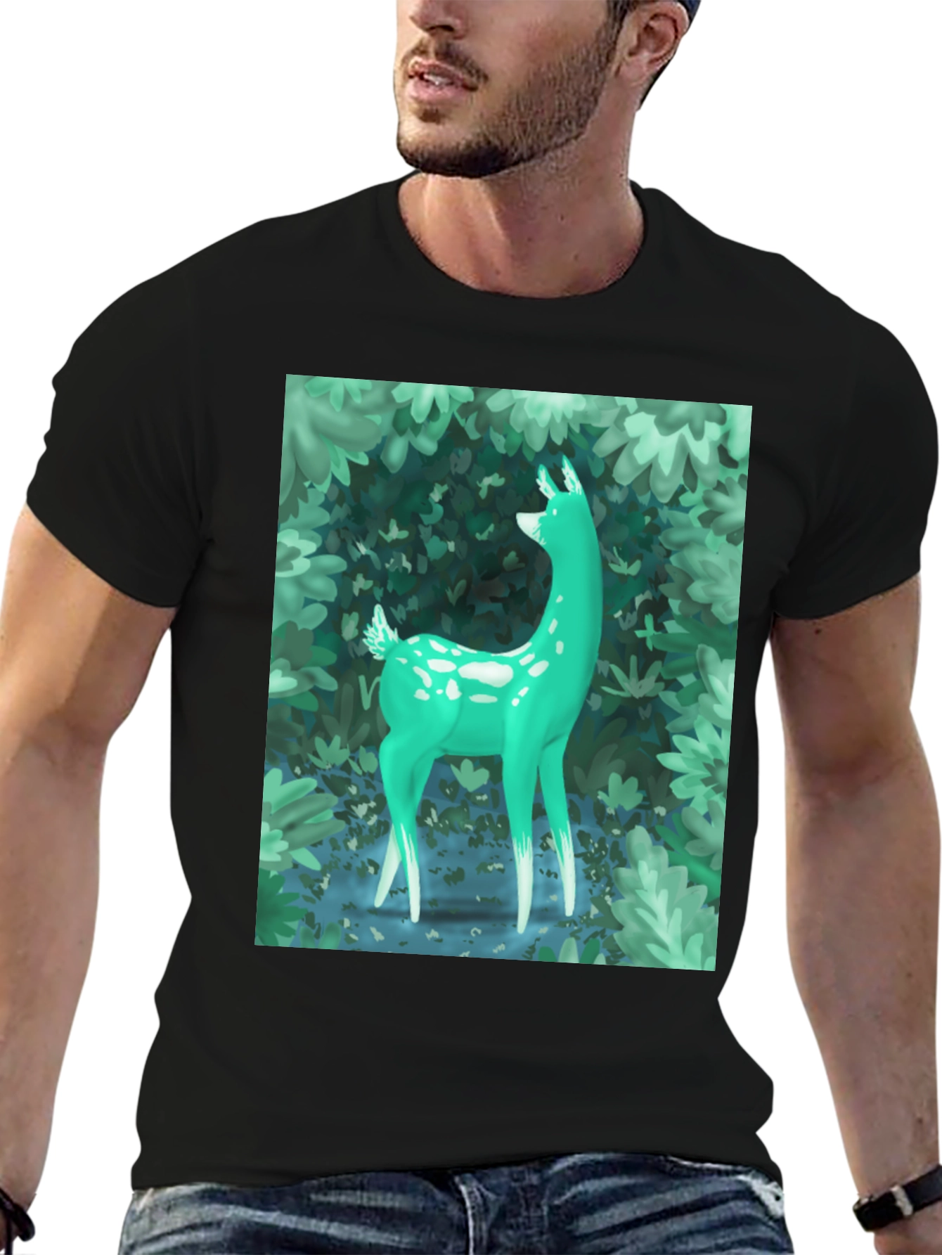 Enchanted Forest Deer Graphic Tee - Black