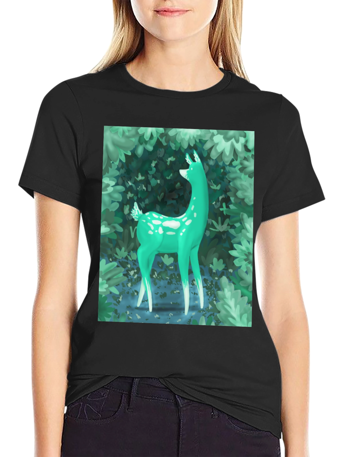Enchanted Forest Deer Graphic Tee - Black