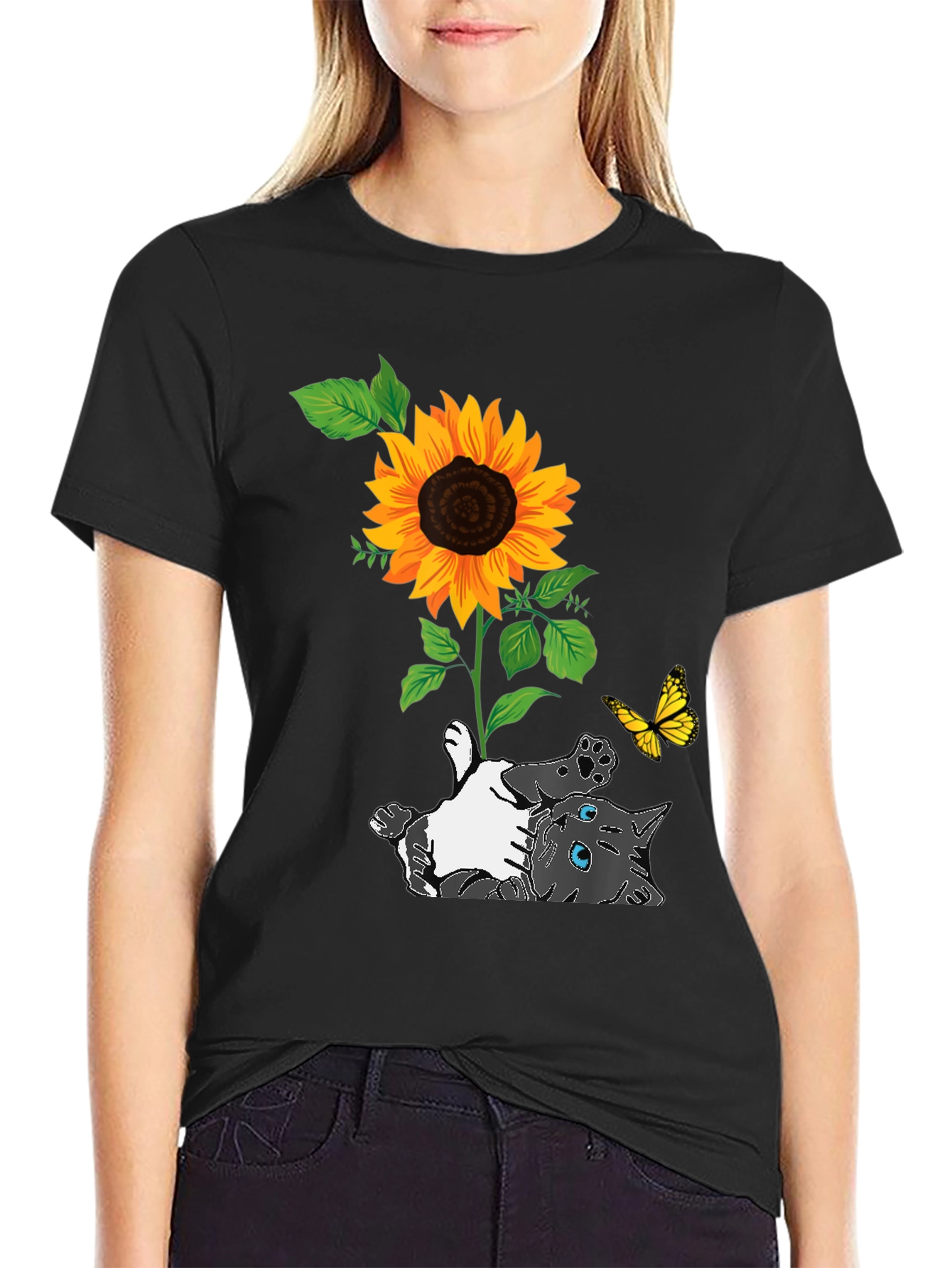 Cat and Sunflower Graphic Tee