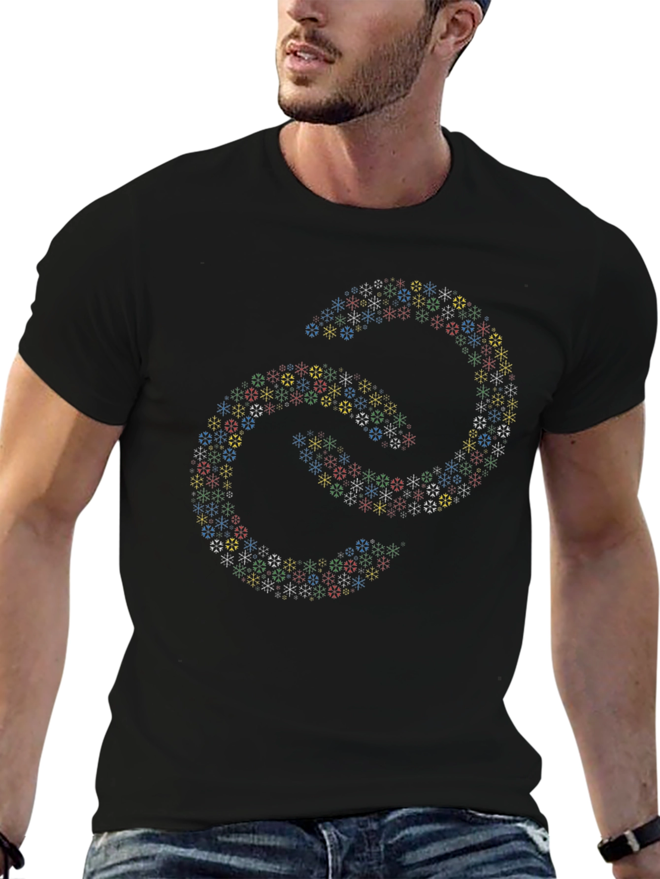 Abstract Linked Snowflake Pattern Black T-Shirt