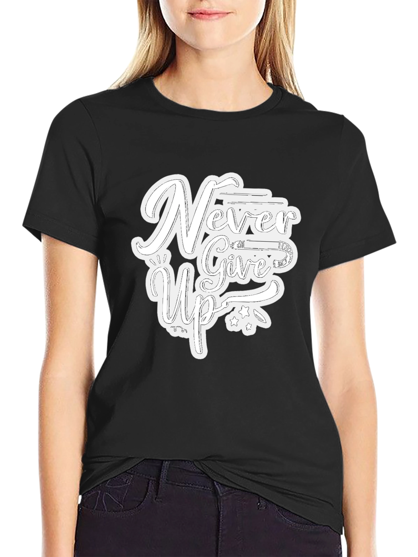 Never Give Up Graphic Print T-Shirt - Black