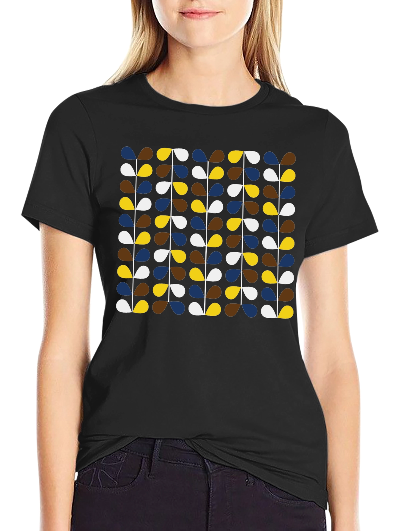 Retro Botanical Pattern Black T-Shirt