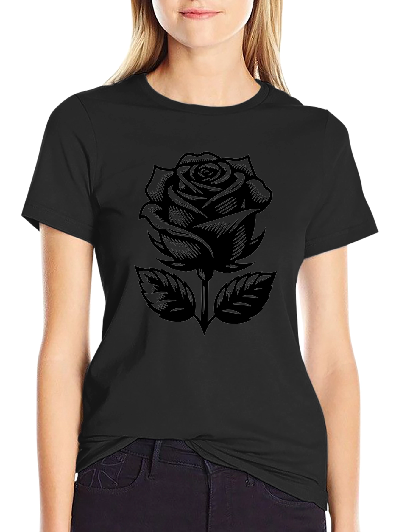 Black Rose Graphic Tee - Modern Floral Design