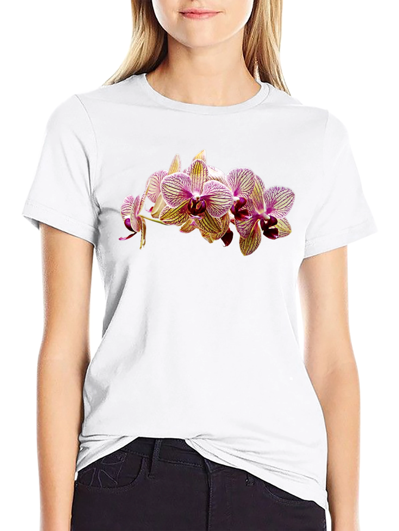 Floral Orchid Print Black T-Shirt