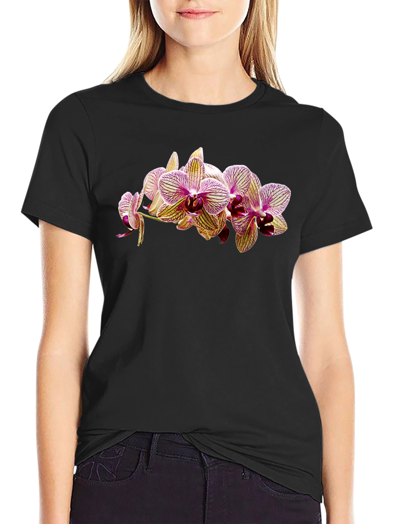 Floral Orchid Print Black T-Shirt